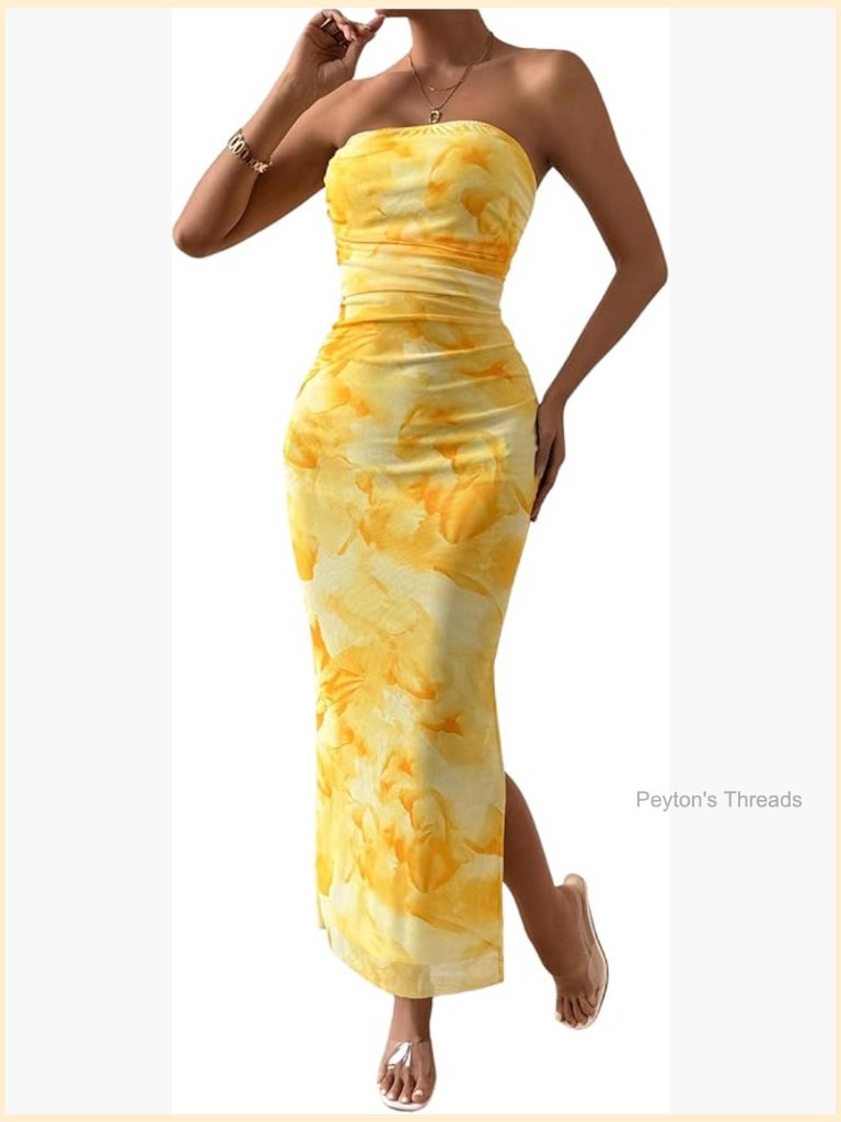 Floral Strapless Bodycon Wedding Guest Maxi Sun Dress With Slit